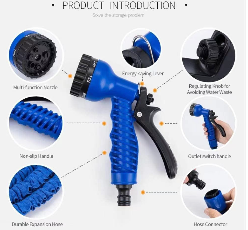 Blue 7 - in - 1 Expandable Garden Hose (with American Adapter) - Car Washing and Gardening Watering Essential